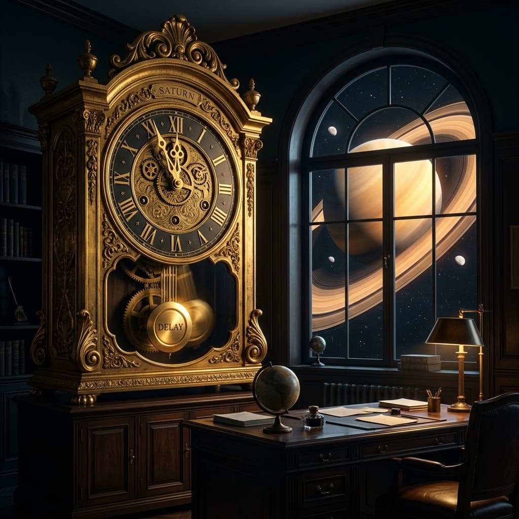 A massive golden clock ticking slowly in a dark office symbolizing a career delay under the planet Saturn with glowing rings in the background