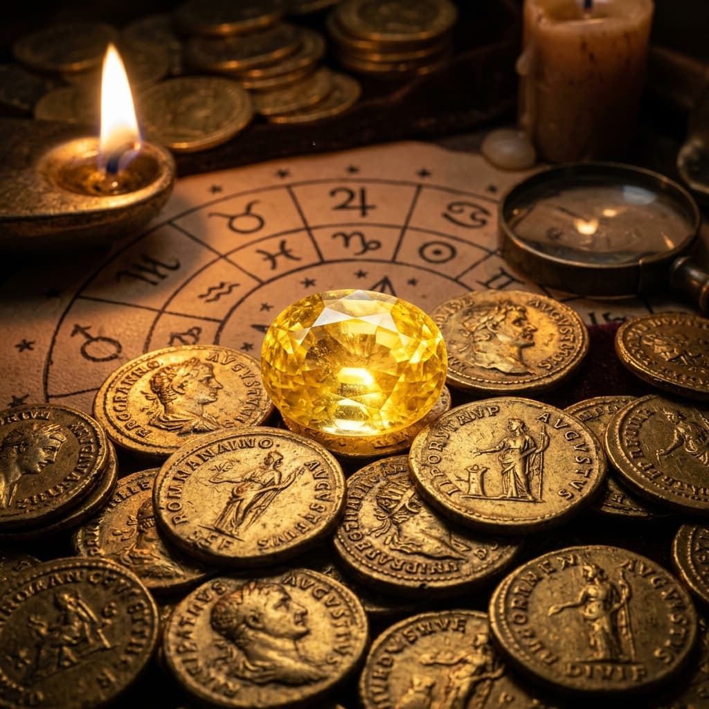 Natural yellow sapphire gemstone resting on ancient gold coins symbolizing wealth and prosperity