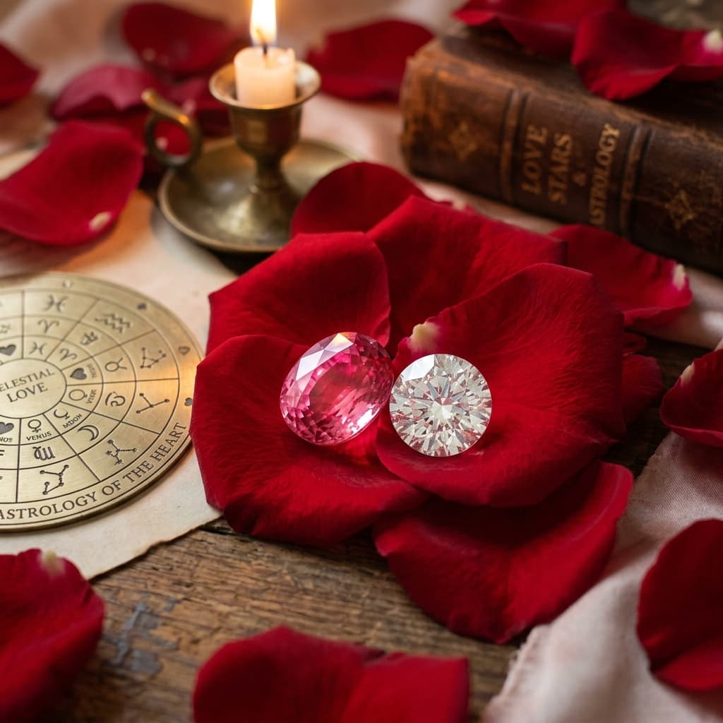 Glowing natural pink gemstone and white sapphire resting on red rose petals symbolizing true love and romance
