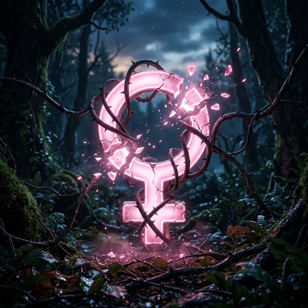 A glowing pink Venus symbol entangled in thorny vines breaking apart, representing marriage conflict and healing in astrology